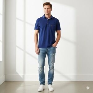 johnnie-O Polo Mens L Blue Wash Wear Faded Cotton 4-Button Pocket Surf Logo Golf